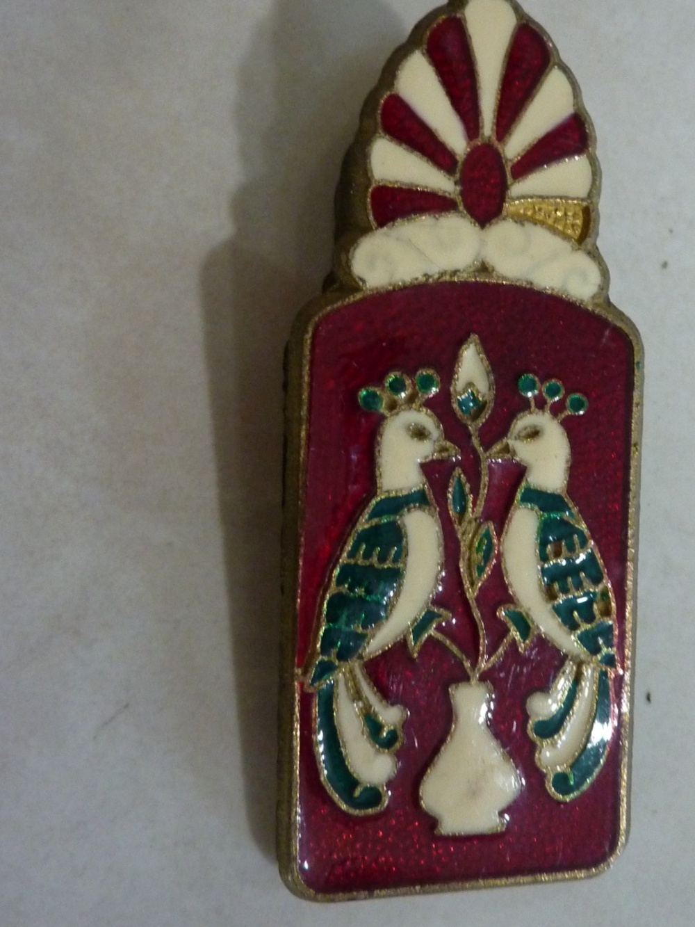 Vintage Antique Brass Enamel Paper Clip Greece Cloisonne  Ornate Ship  Peacocks